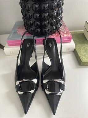 Zara Black Pointed Slingback Heels with Silver Buckle Detail